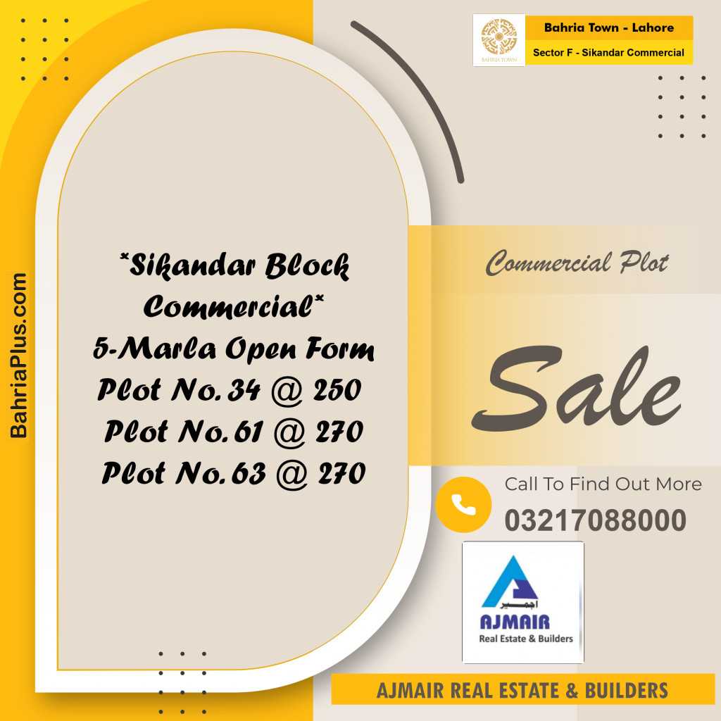 5 Marla Commercial Plot for Sale in Sector F - Sikandar Commercial -  Bahria Town, Lahore - (BP-293290)