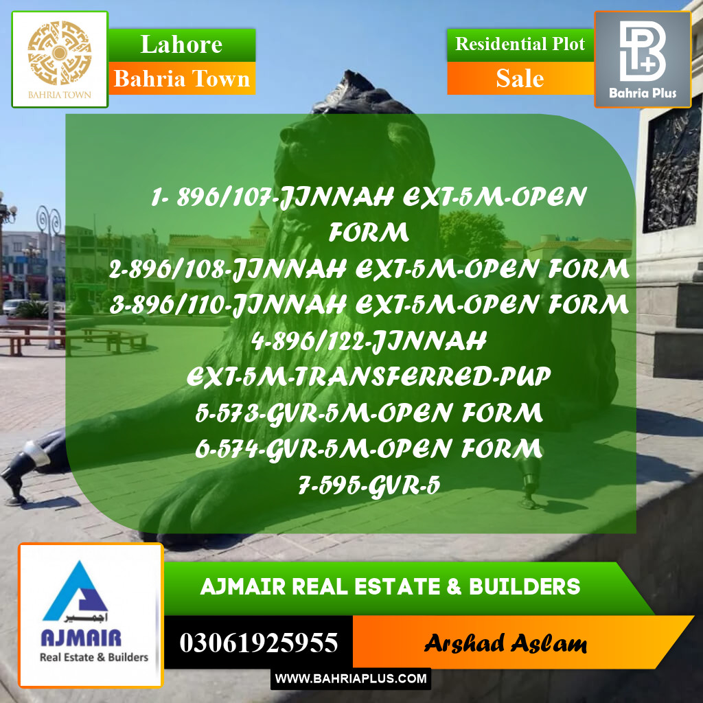 Residential Plot for Sale in Bahria Town, Lahore - (BP-293349)