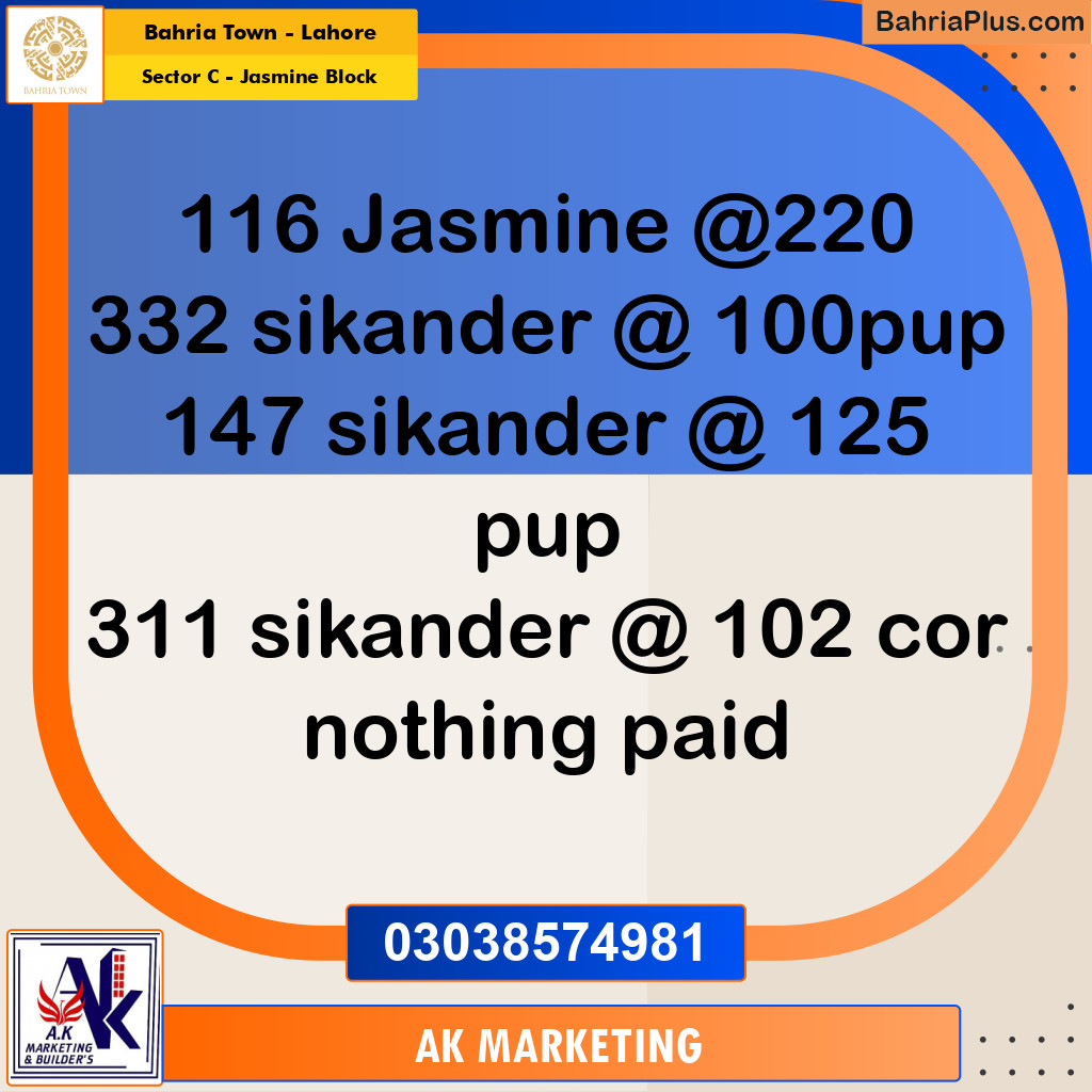 10 Marla Residential Plot for Sale in Sector C - Jasmine Block -  Bahria Town, Lahore - (BP-293702)