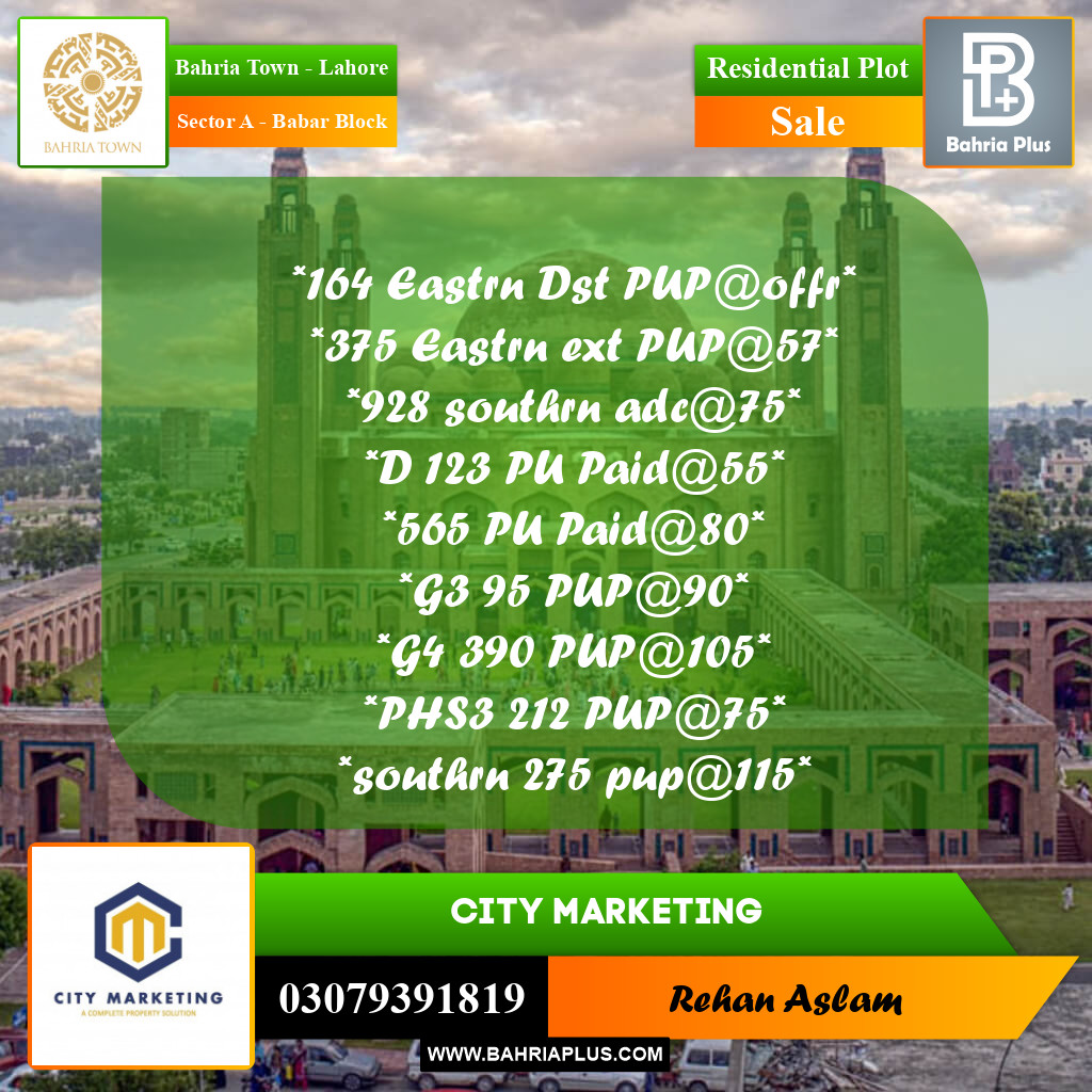 Residential Plot for Sale in Sector A - Babar Block -  Bahria Town, Lahore - (BP-293819)