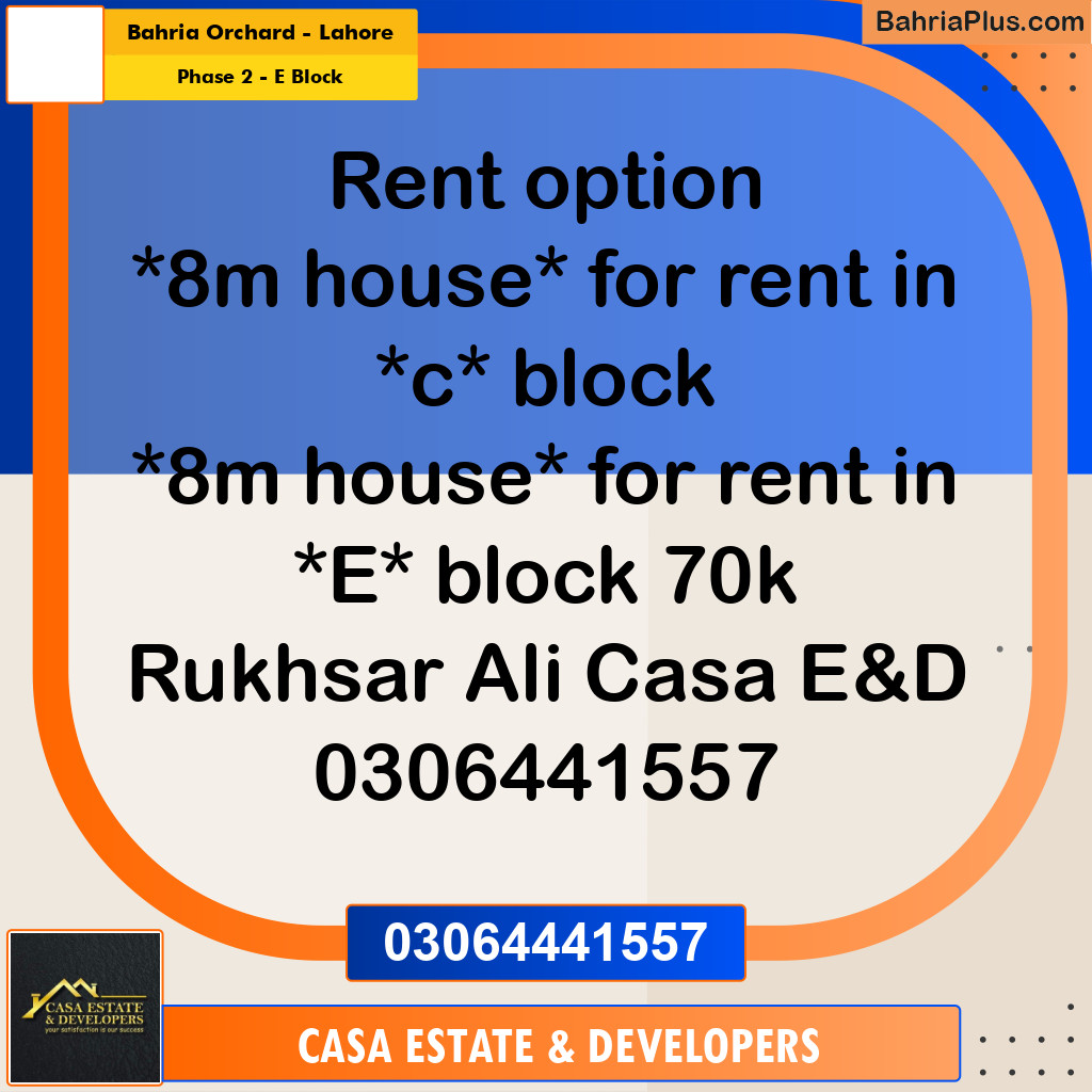 8 Marla Residential House for Rent in Phase 2 - E Block -  Bahria Orchard, Lahore - (BP-293867)