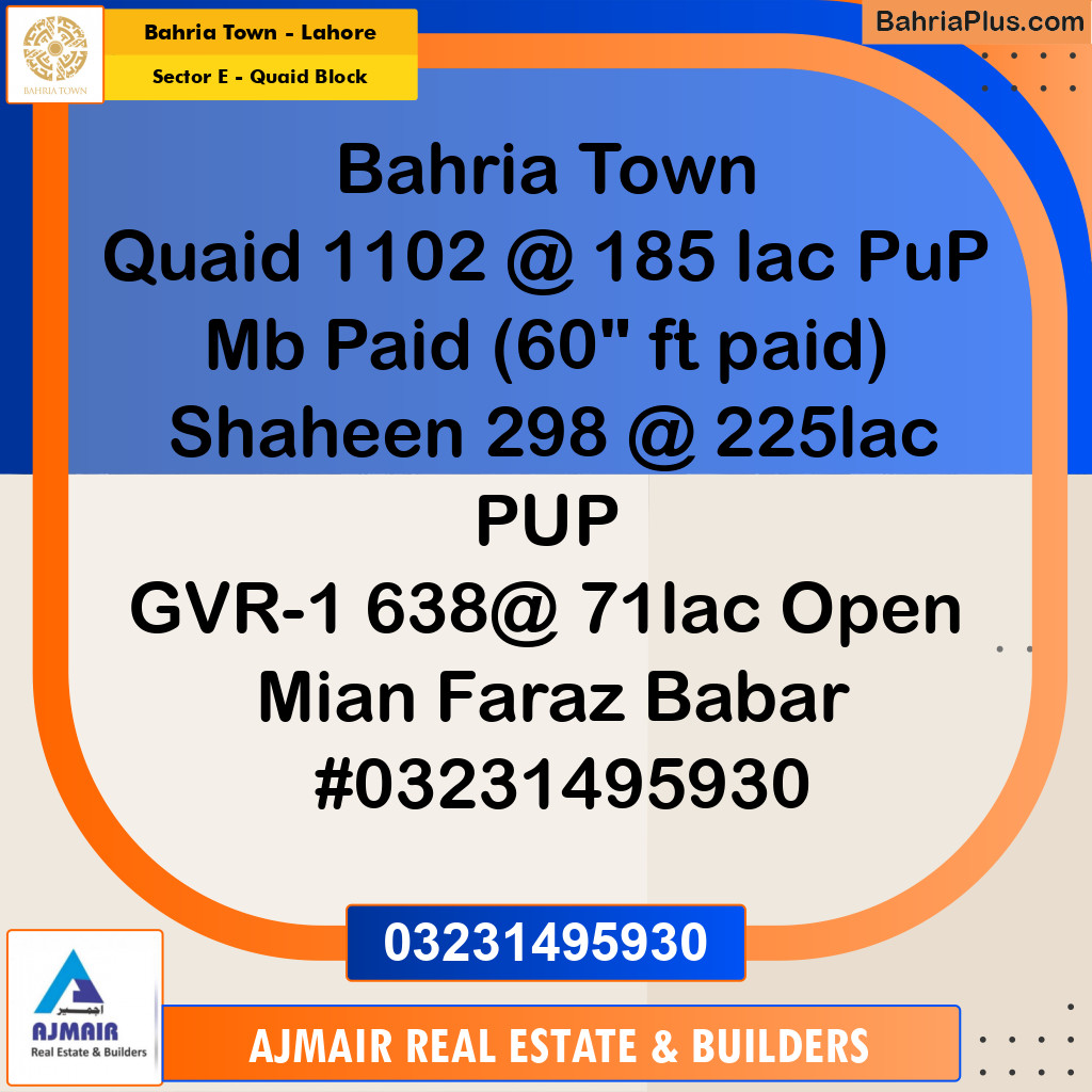 10 Marla Residential Plot for Sale in Sector E - Quaid Block -  Bahria Town, Lahore - (BP-293877)