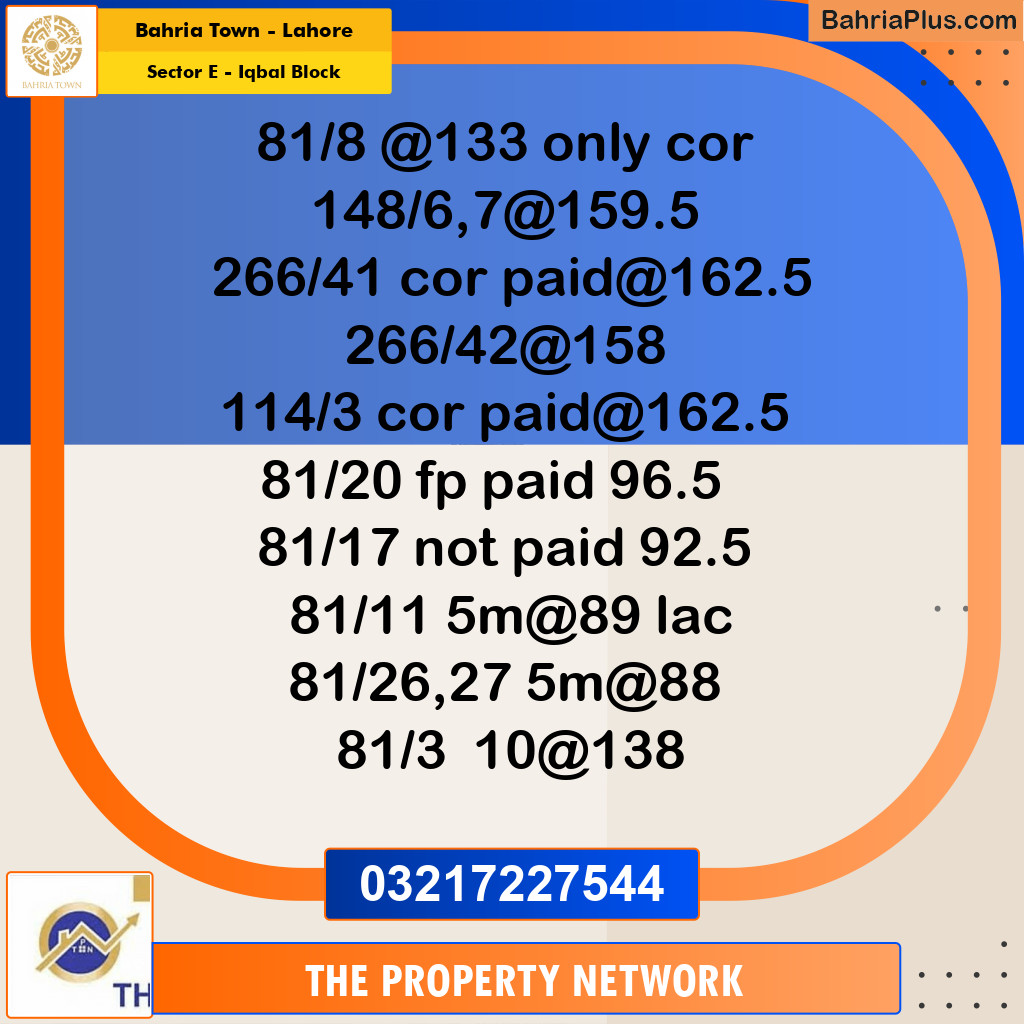 10 Marla Residential Plot for Sale in Sector E - Iqbal Block -  Bahria Town, Lahore - (BP-294010)