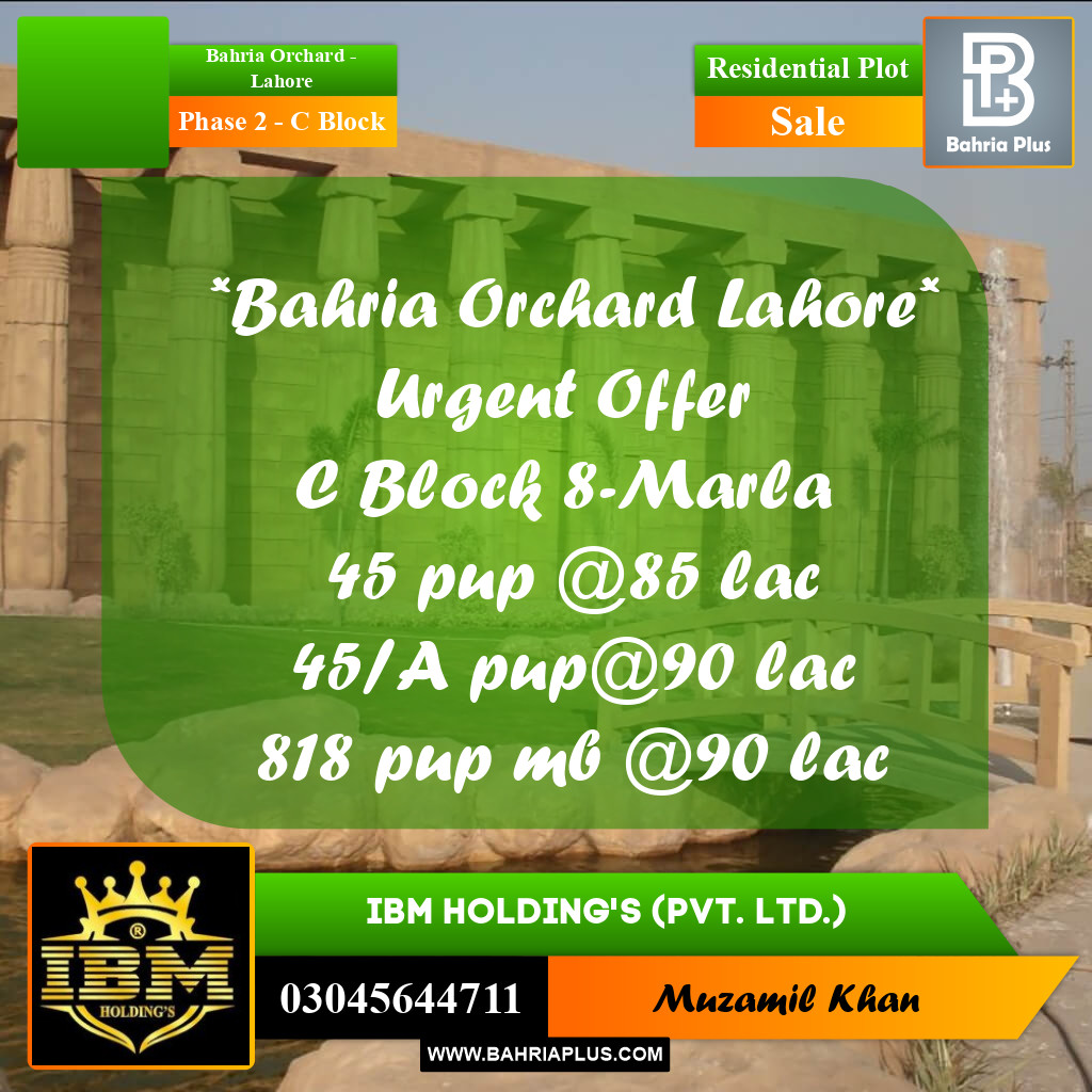 8 Marla Residential Plot for Sale in Phase 2 - C Block -  Bahria Orchard, Lahore - (BP-294109)