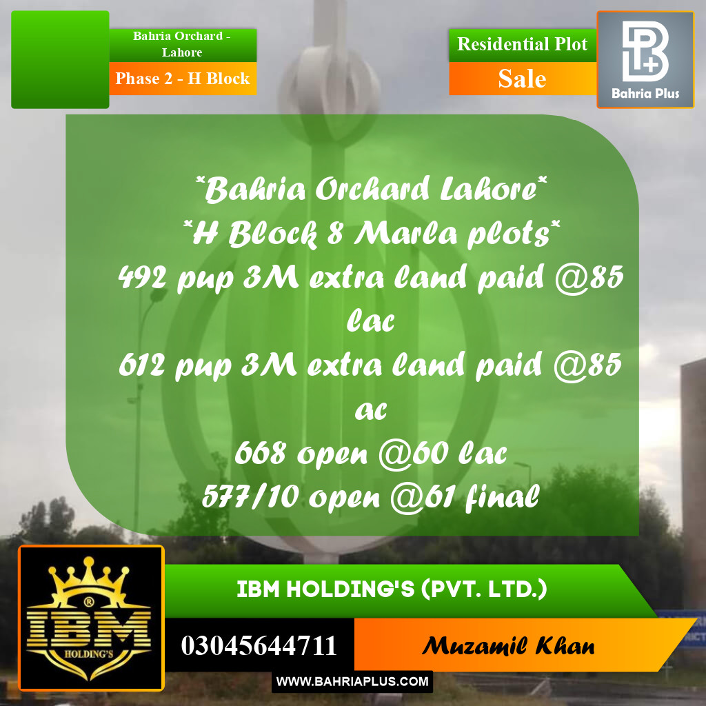 8 Marla Residential Plot for Sale in Phase 2 - H Block -  Bahria Orchard, Lahore - (BP-294117)
