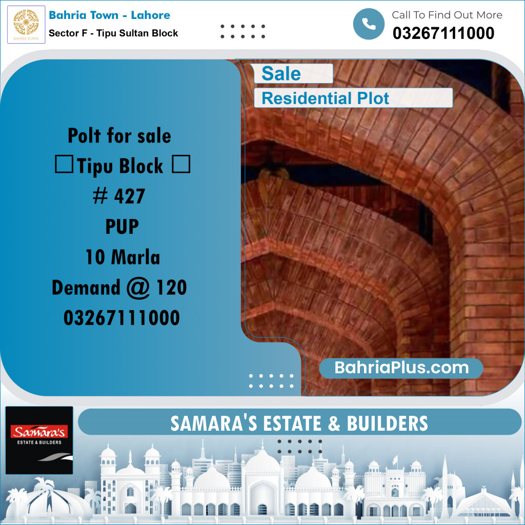 10 Marla Residential Plot for Sale in Sector F - Tipu Sultan Block -  Bahria Town, Lahore - (BP-294150)