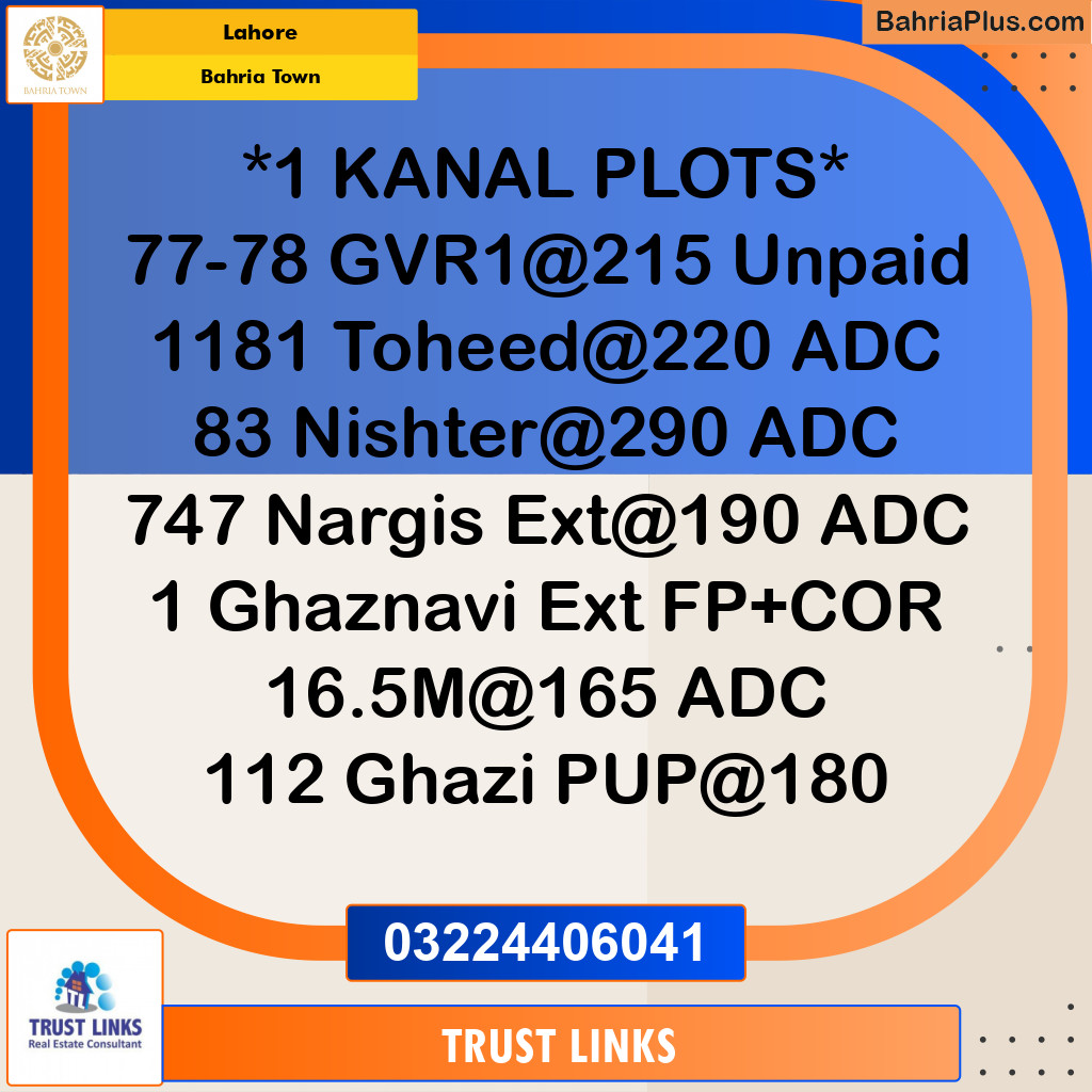 1 Kanal Residential Plot for Sale in Bahria Town, Lahore - (BP-294364)