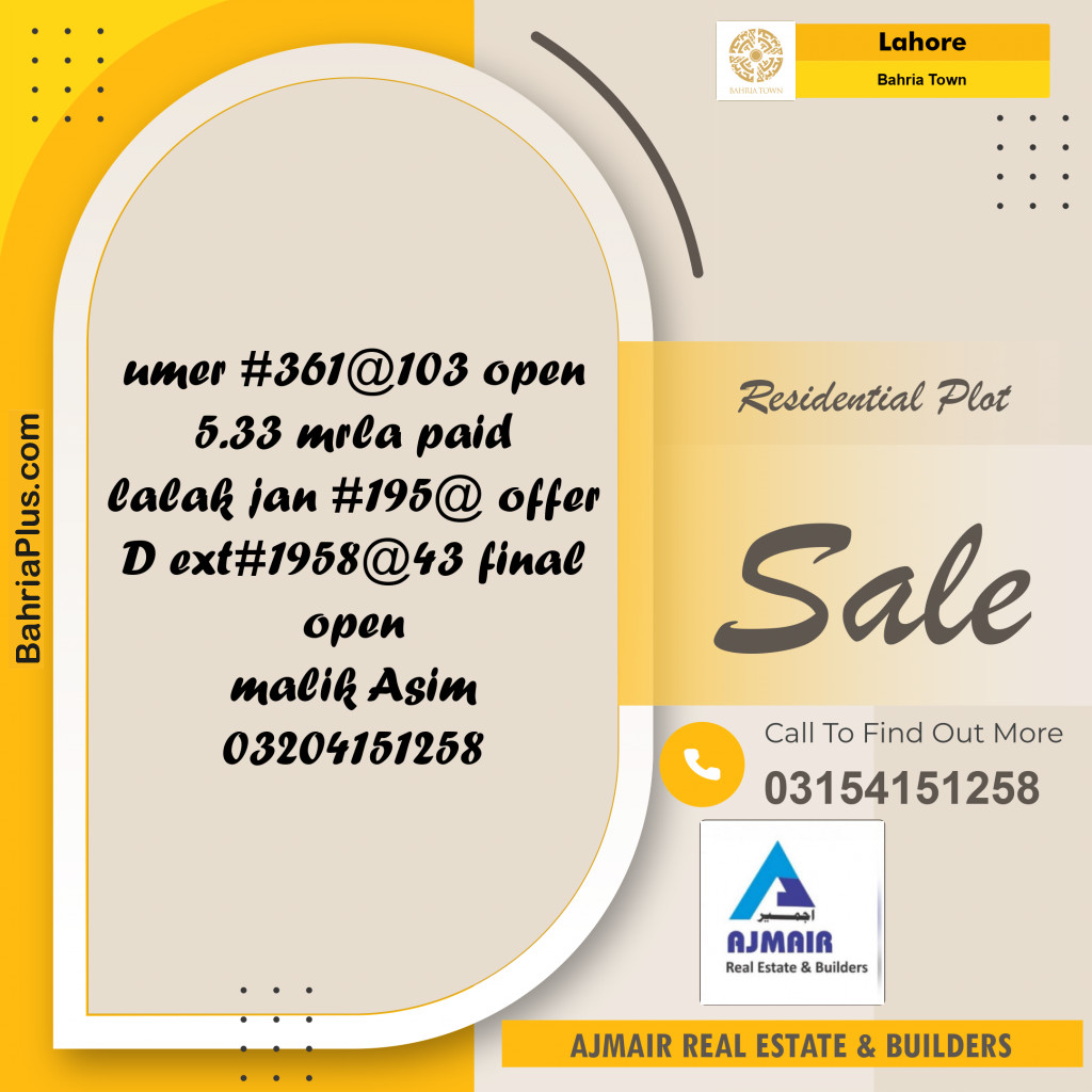 Residential Plot for Sale in Bahria Town, Lahore - (BP-294384)