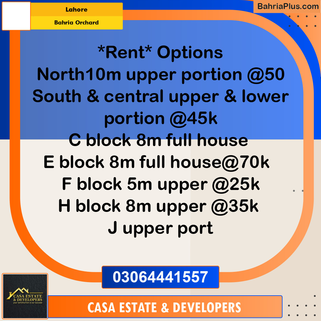 8 Marla Residential House for Rent in Bahria Orchard, Lahore - (BP-294394)