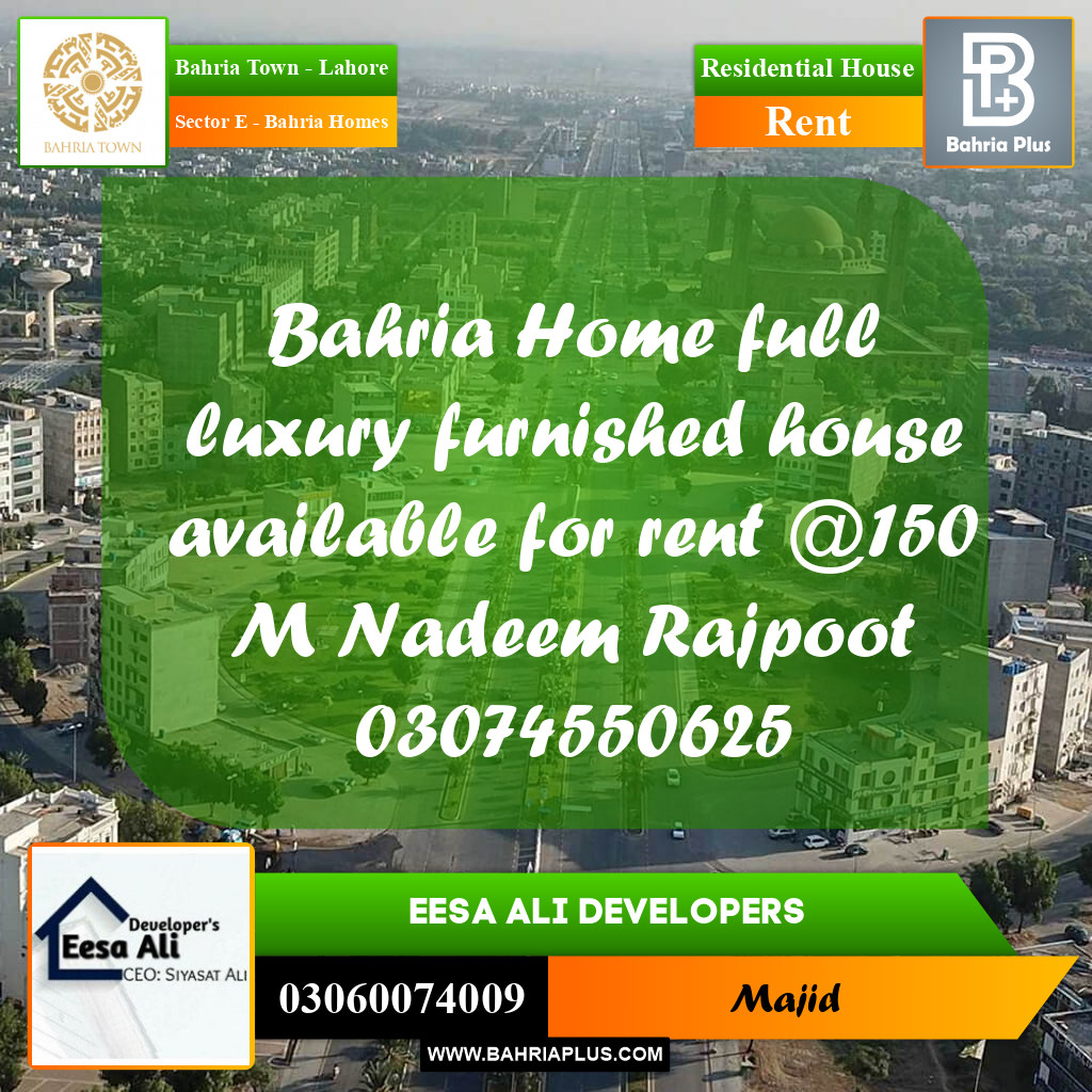 Residential House for Rent in Sector E - Bahria Homes -  Bahria Town, Lahore - (BP-294425)