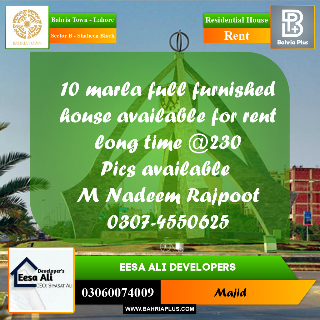Residential House for Rent in Sector B - Shaheen Block -  Bahria Town, Lahore - (BP-294429)