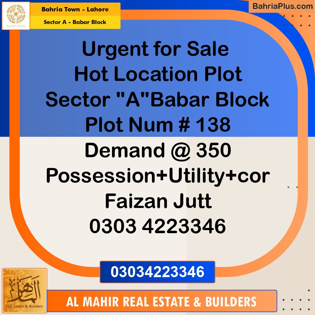 Residential Plot for Sale in Sector A - Babar Block -  Bahria Town, Lahore - (BP-294456)
