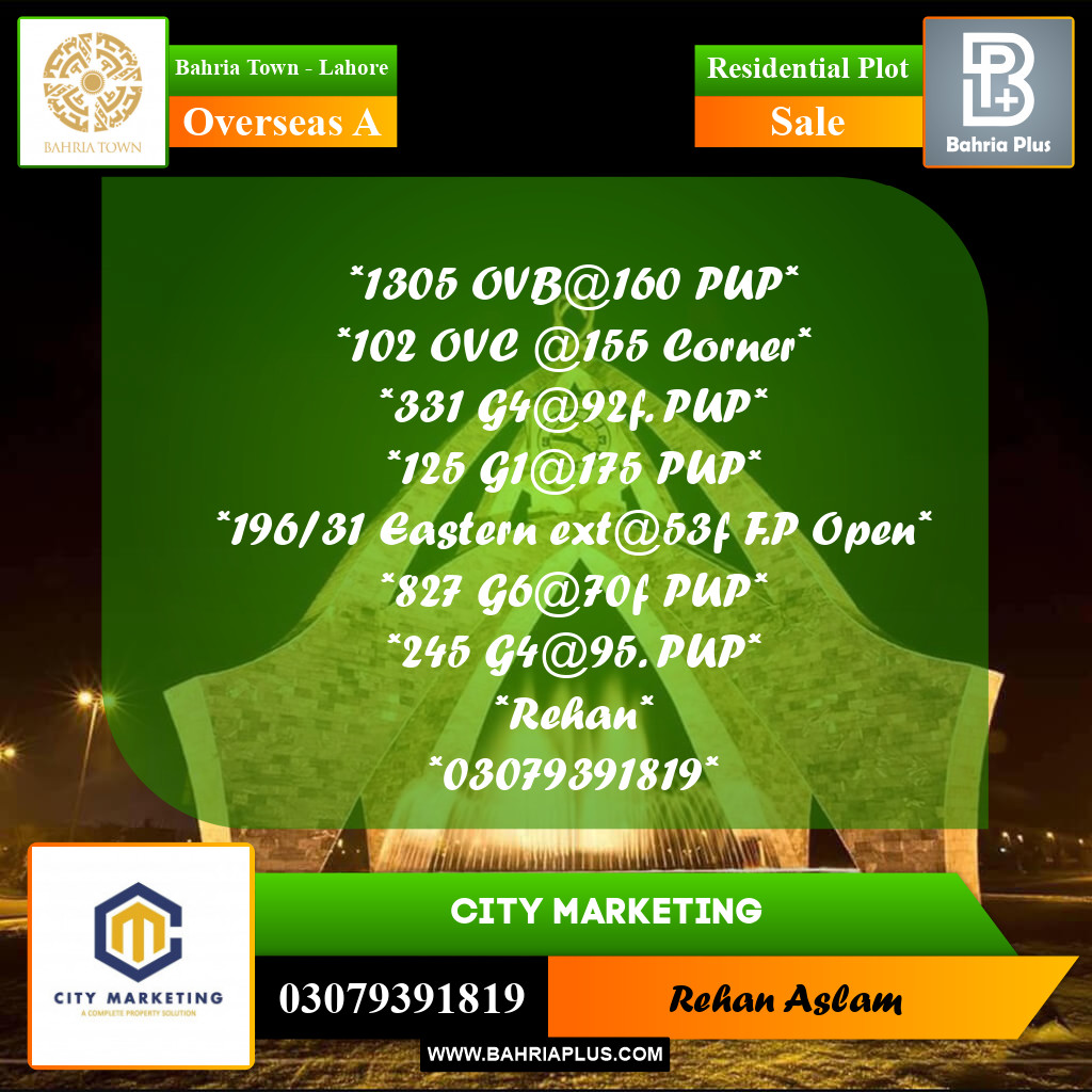 Residential Plot for Sale in Overseas A -  Bahria Town, Lahore - (BP-294472)