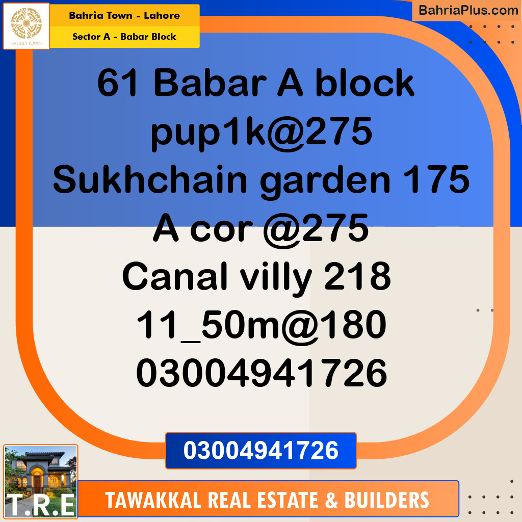 1 Kanal Residential Plot for Sale in Sector A - Babar Block -  Bahria Town, Lahore - (BP-294484)