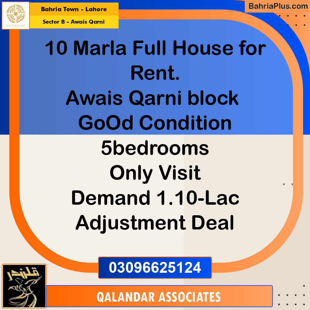 10 Marla Residential House for Rent in Sector B - Awais Qarni -  Bahria Town, Lahore - (BP-294531)