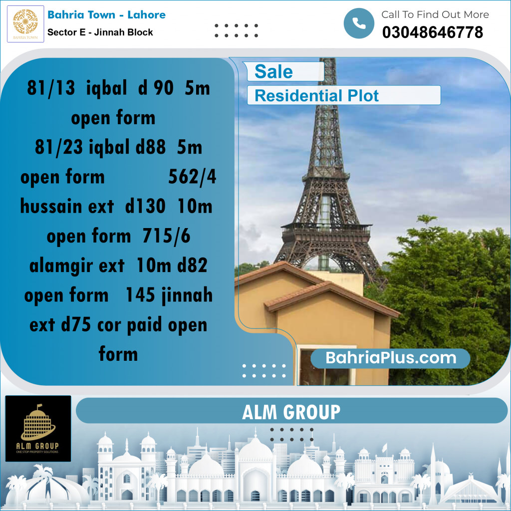 10 Marla Residential Plot for Sale in Sector E - Jinnah Block -  Bahria Town, Lahore - (BP-294536)