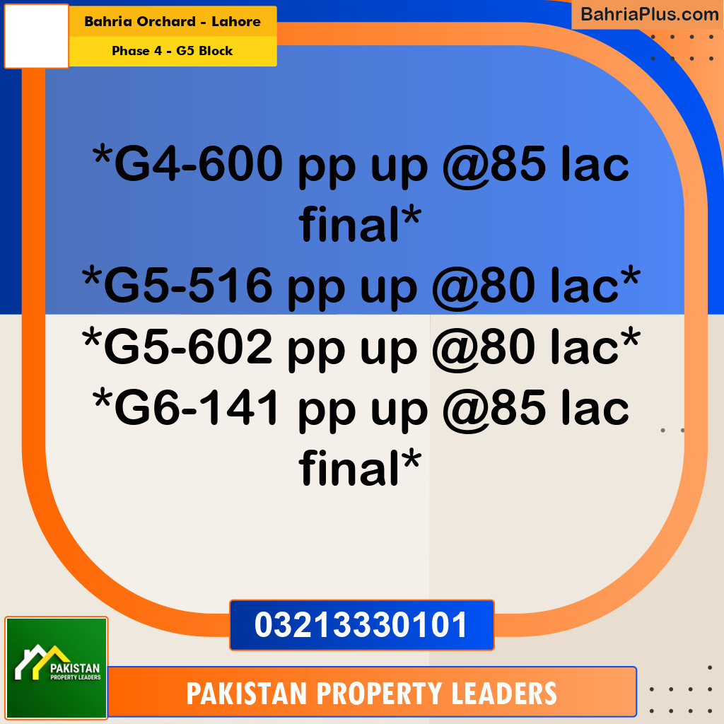 10 Marla Residential Plot for Sale in Phase 4 - G5 Block -  Bahria Orchard, Lahore - (BP-294571)