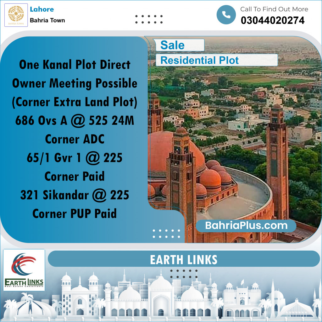 1 Kanal Residential Plot for Sale in Bahria Town, Lahore - (BP-294576)