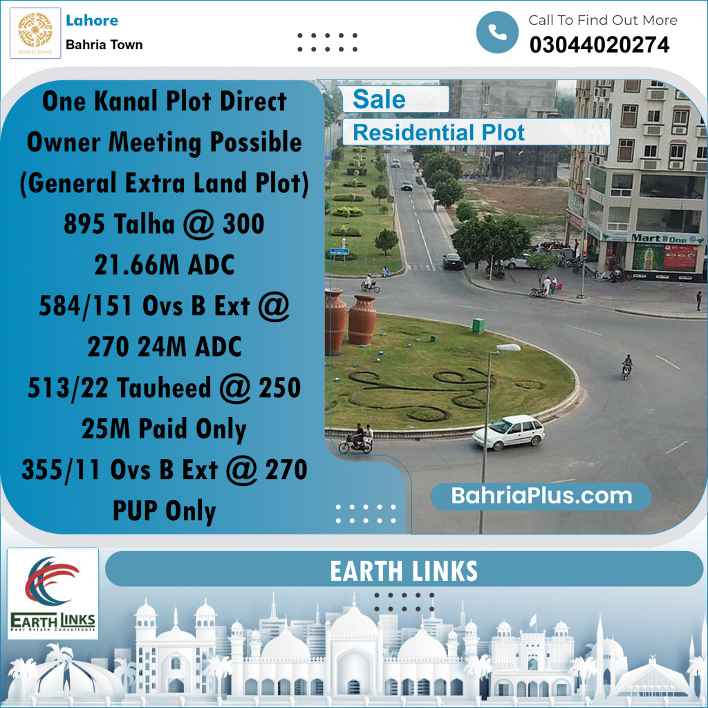 1 Kanal Residential Plot for Sale in Bahria Town, Lahore - (BP-294583)
