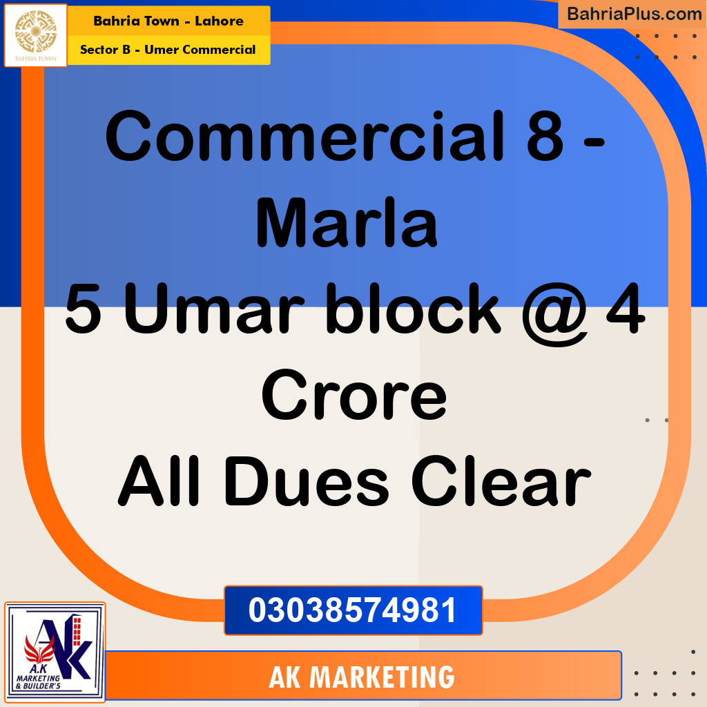 8 Marla Commercial Plot for Sale in Sector B - Umer Commercial -  Bahria Town, Lahore - (BP-294599)