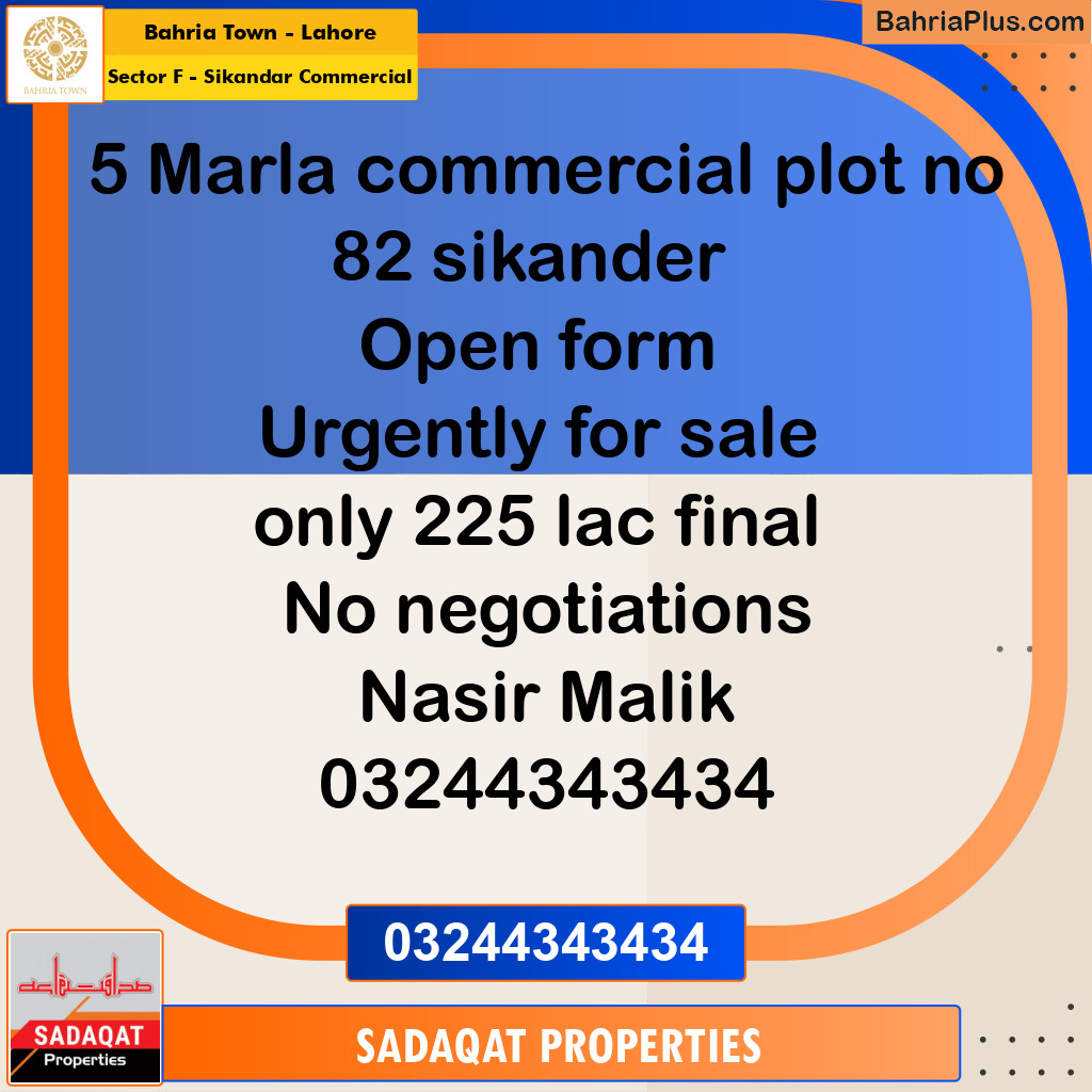 5 Marla Commercial Plot for Sale in Sector F - Sikandar Commercial -  Bahria Town, Lahore - (BP-294806)