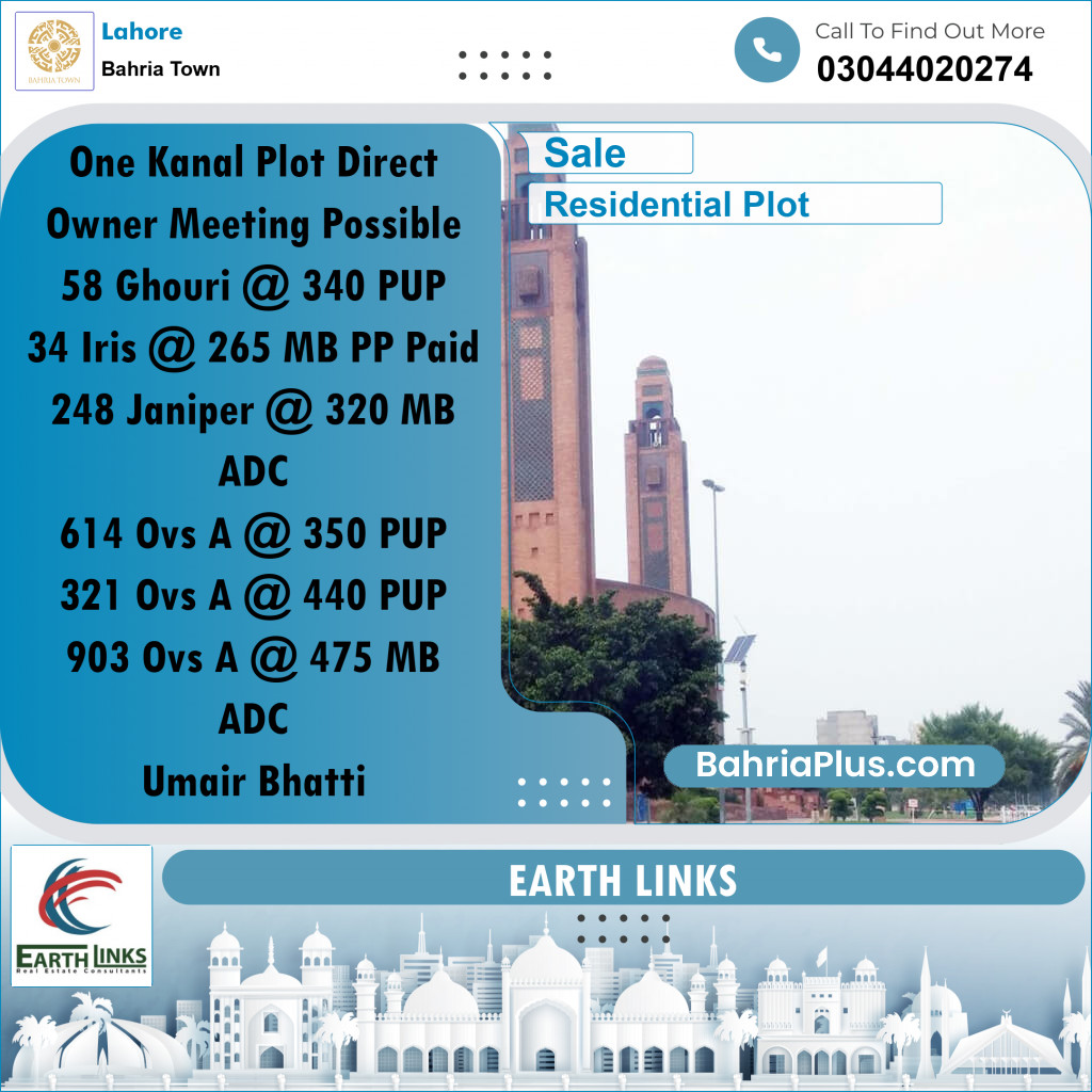 1 Kanal Residential Plot for Sale in Bahria Town, Lahore - (BP-294855)