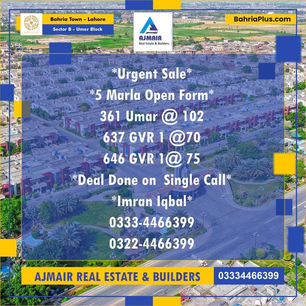 5 Marla Residential Plot for Sale in Sector B - Umer Block -  Bahria Town, Lahore - (BP-295030)