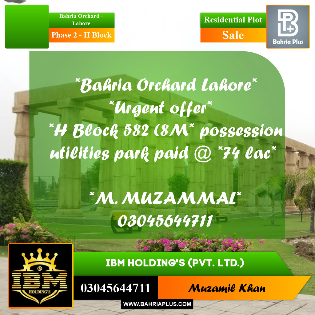 8 Marla Residential Plot for Sale in Phase 2 - H Block -  Bahria Orchard, Lahore - (BP-295054)