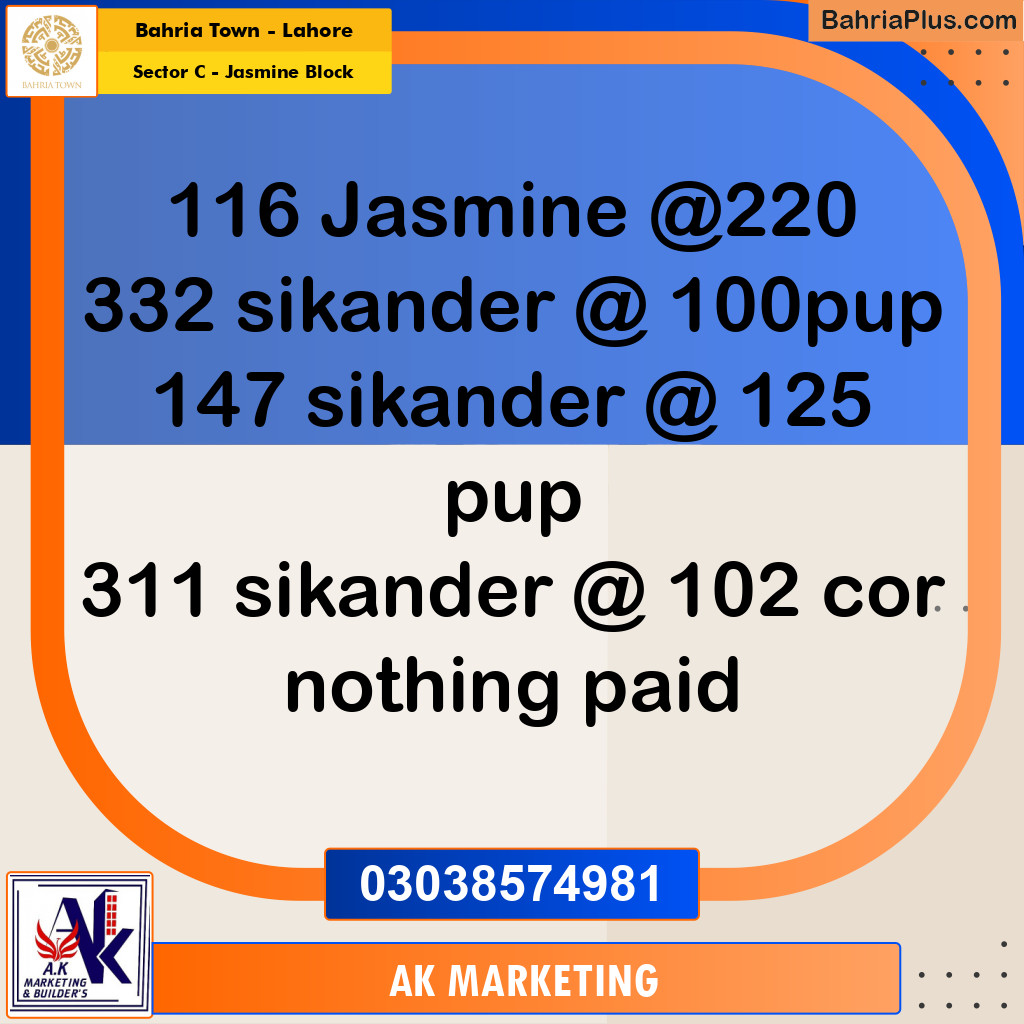 10 Marla Residential Plot for Sale in Sector C - Jasmine Block -  Bahria Town, Lahore - (BP-295170)