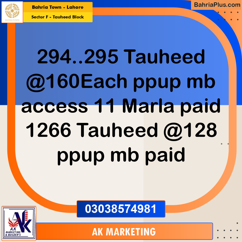 11 Marla Residential Plot for Sale in Sector F - Tauheed Block -  Bahria Town, Lahore - (BP-295175)