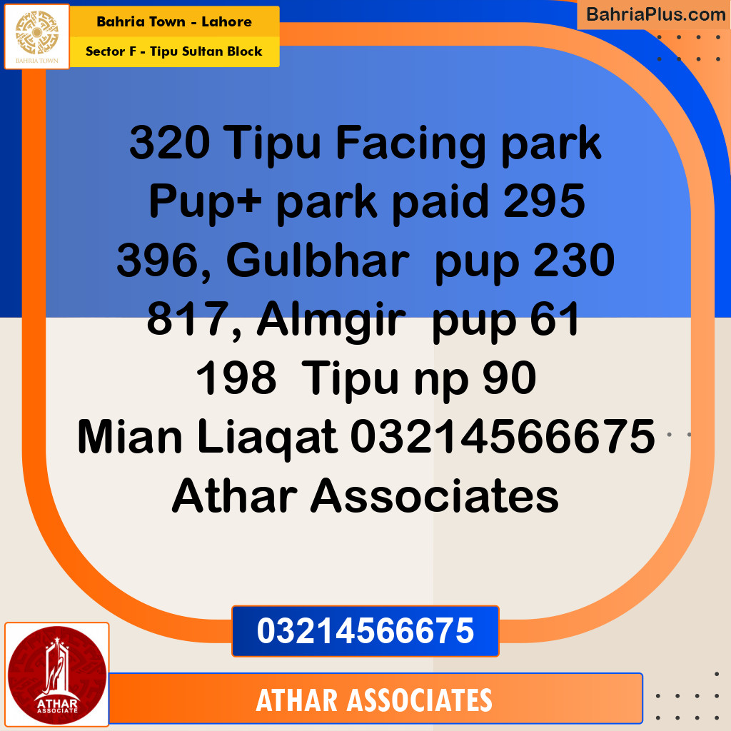 20 Marla Residential Plot for Sale in Sector F - Tipu Sultan Block -  Bahria Town, Lahore - (BP-295182)