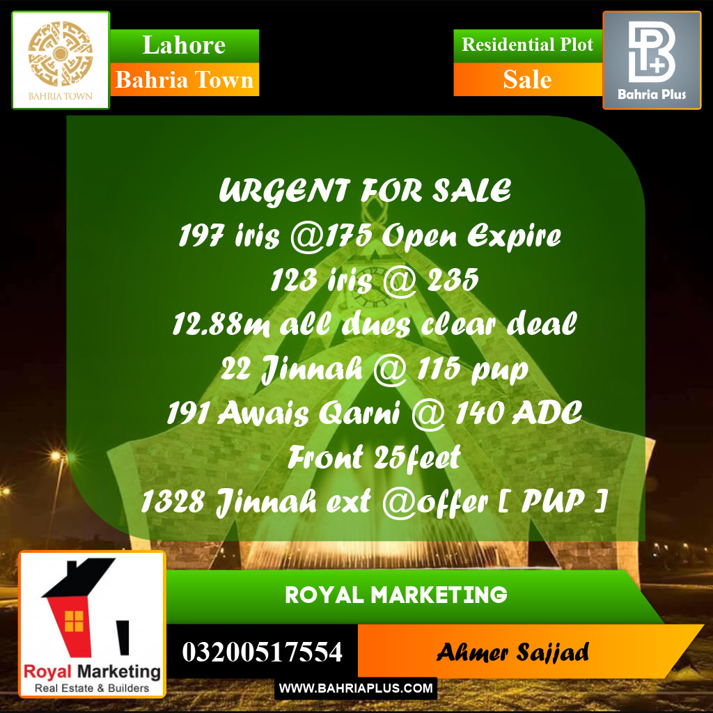 Residential Plot for Sale in Bahria Town, Lahore - (BP-295200)