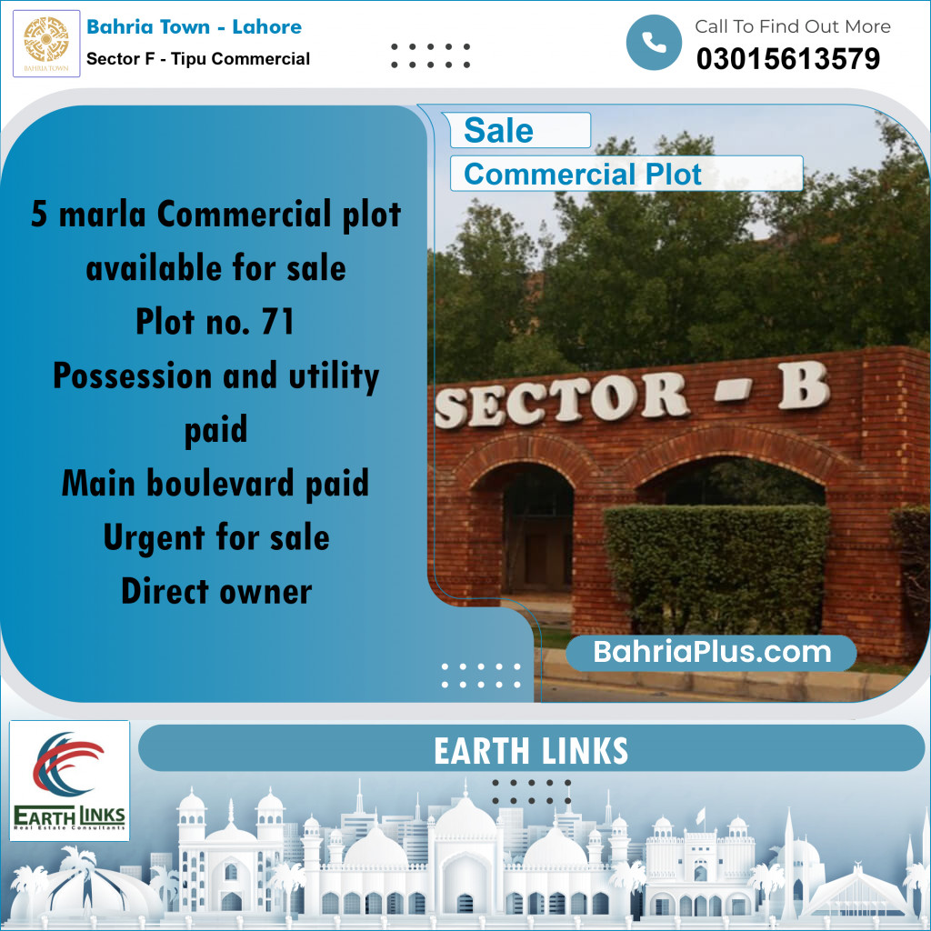 5 Marla Commercial Plot for Sale in Sector F - Tipu Commercial -  Bahria Town, Lahore - (BP-295212)