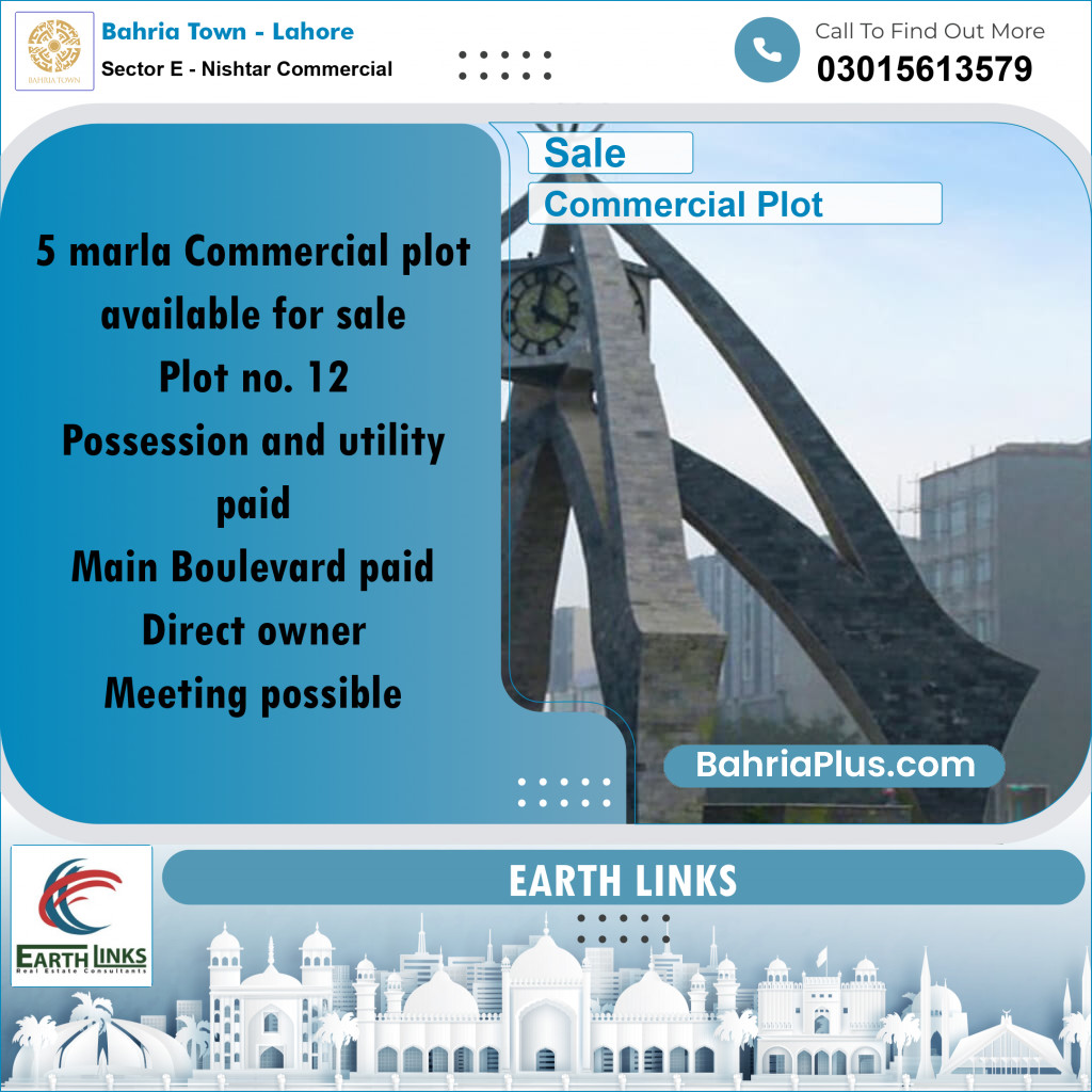 8 Marla Commercial Plot for Sale in Sector E - Nishtar Commercial -  Bahria Town, Lahore - (BP-295216)