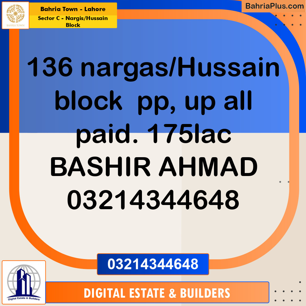 10 Marla Residential Plot for Sale in Sector C - Nargis/Hussain Block -  Bahria Town, Lahore - (BP-295217)