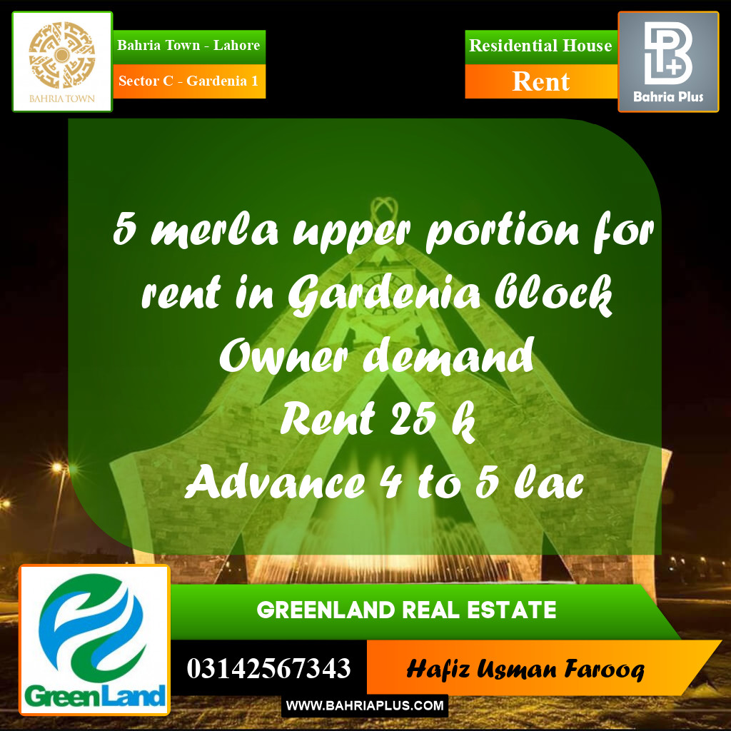 5 Marla Residential House for Rent in Sector C - Gardenia 1 -  Bahria Town, Lahore - (BP-295220)