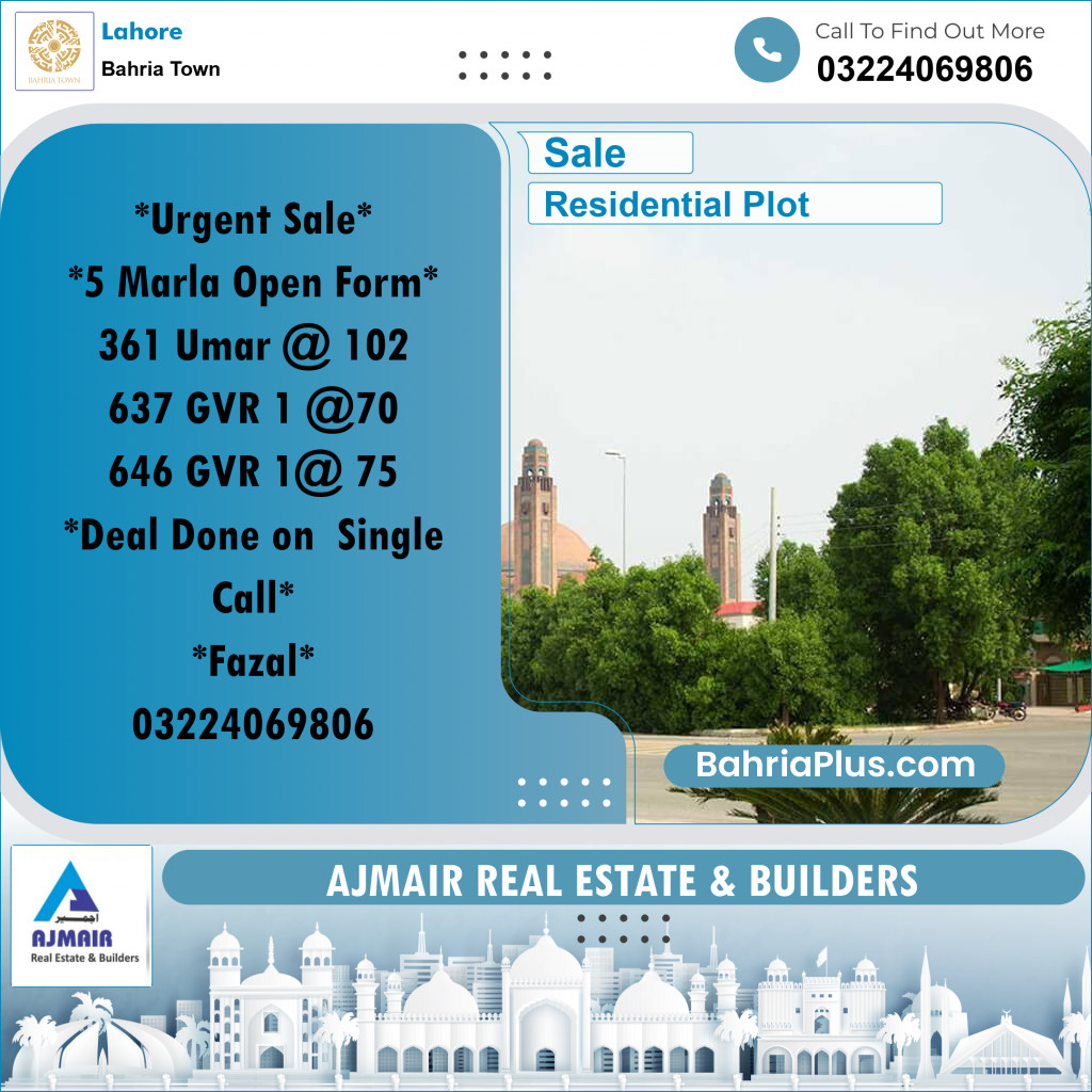 Residential Plot for Sale in Bahria Town, Lahore - (BP-295321)