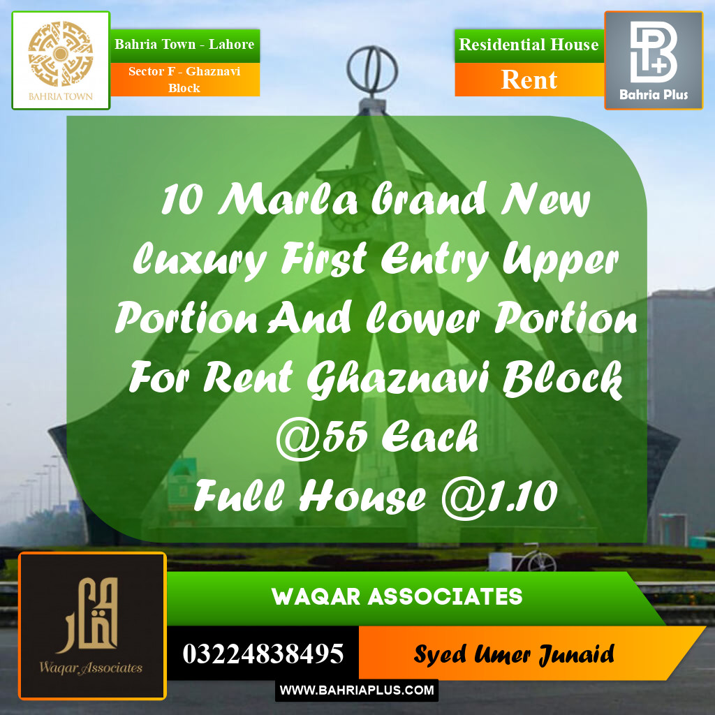 Residential House for Rent in Sector F - Ghaznavi Block -  Bahria Town, Lahore - (BP-295343)