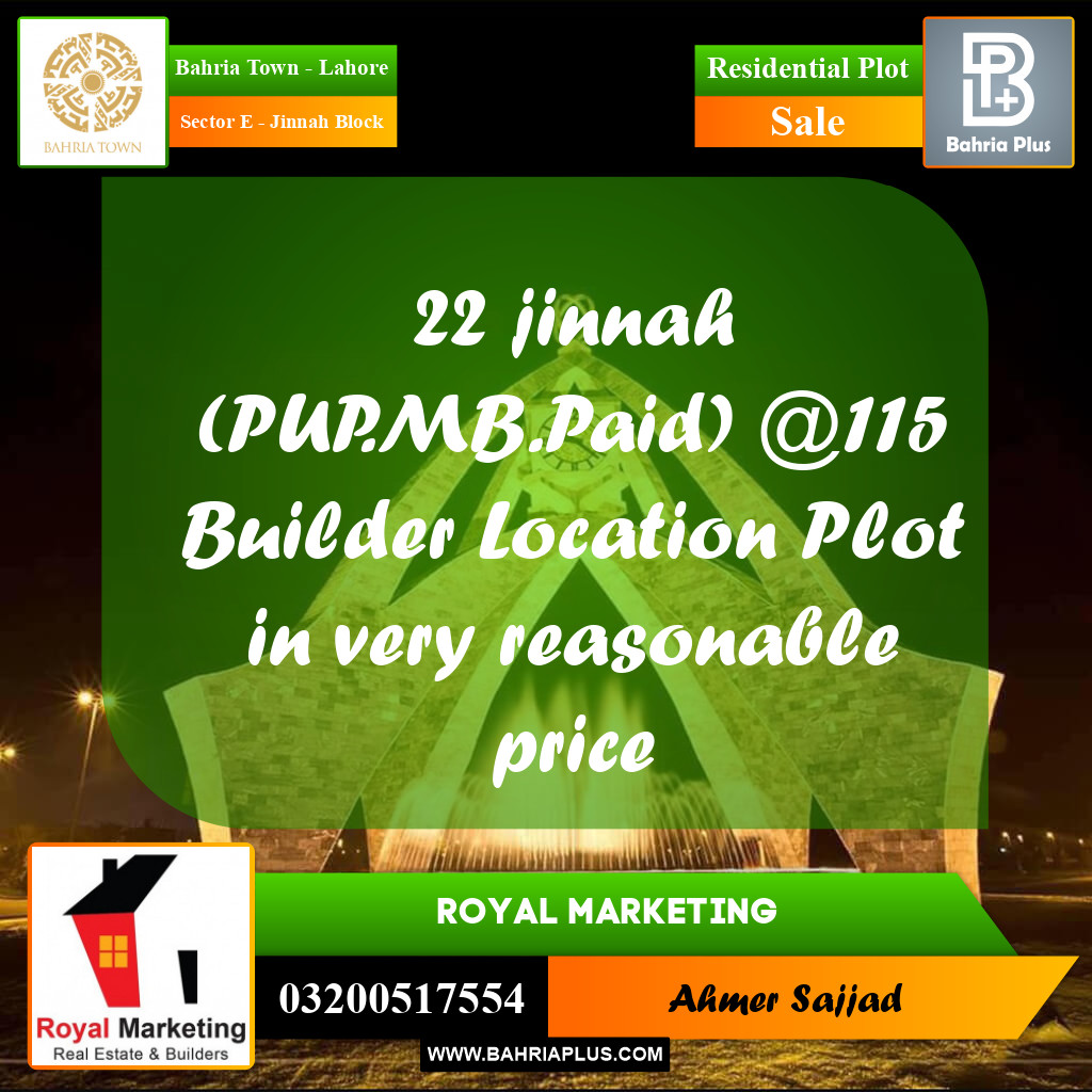 Residential Plot for Sale in Sector E - Jinnah Block -  Bahria Town, Lahore - (BP-295349)
