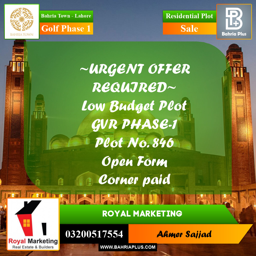 Residential Plot for Sale in Golf Phase 1 -  Bahria Town, Lahore - (BP-295445)