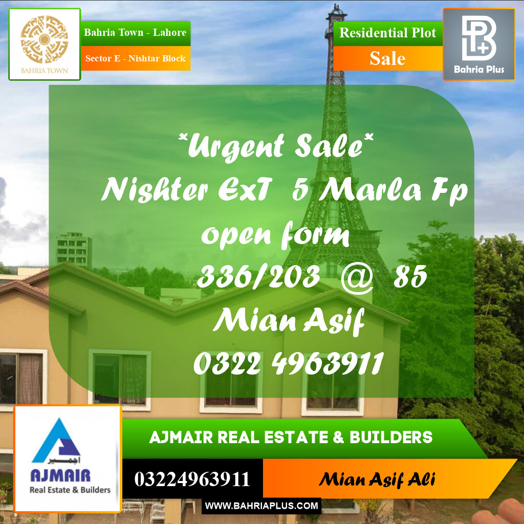 Residential Plot for Sale in Sector E - Nishtar Block -  Bahria Town, Lahore - (BP-295451)