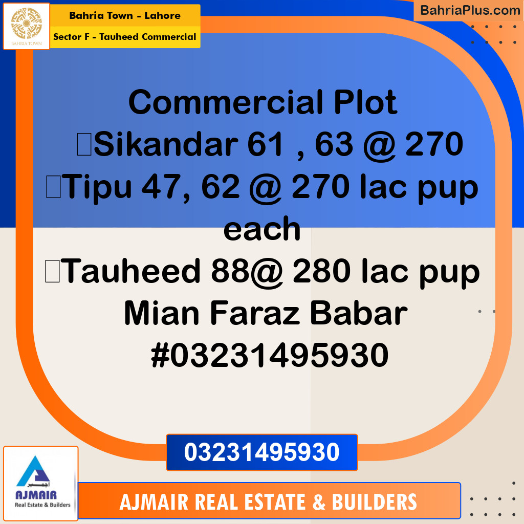 5 Marla Commercial Plot for Sale in Sector F - Tauheed Commercial -  Bahria Town, Lahore - (BP-295460)