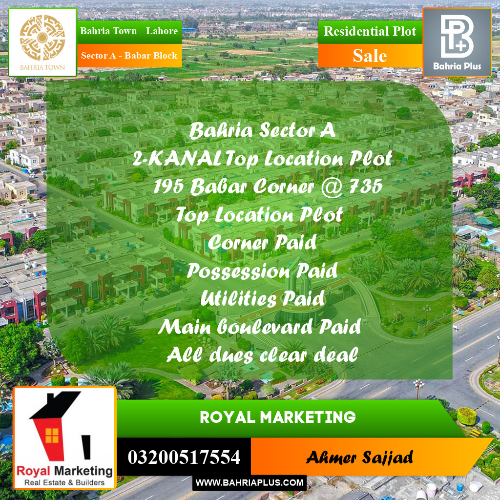 2 Kanal Residential Plot for Sale in Sector A - Babar Block -  Bahria Town, Lahore - (BP-295544)