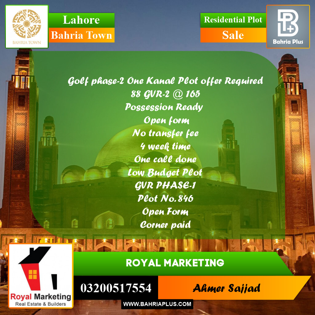 Residential Plot for Sale in Bahria Town, Lahore - (BP-295597)