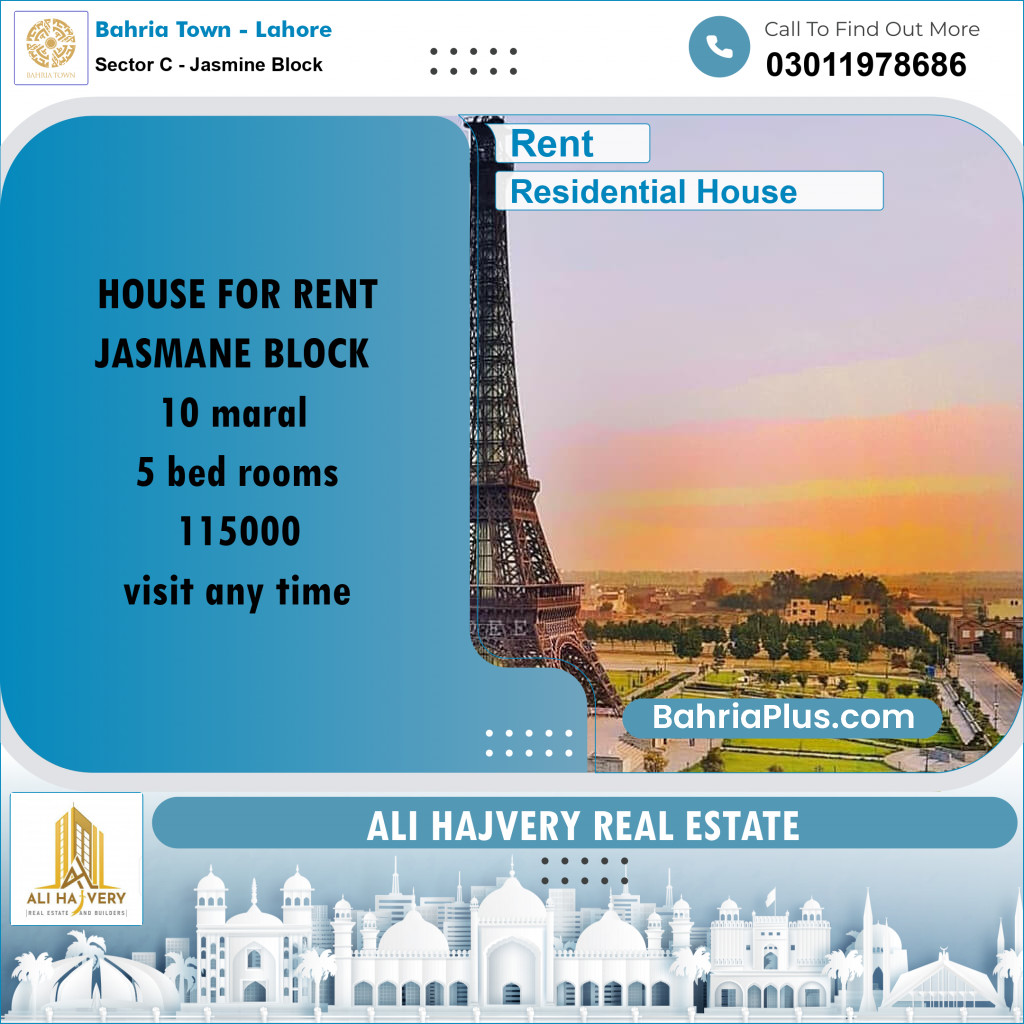 10 Marla Residential House for Rent in Sector C - Jasmine Block -  Bahria Town, Lahore - (BP-295654)