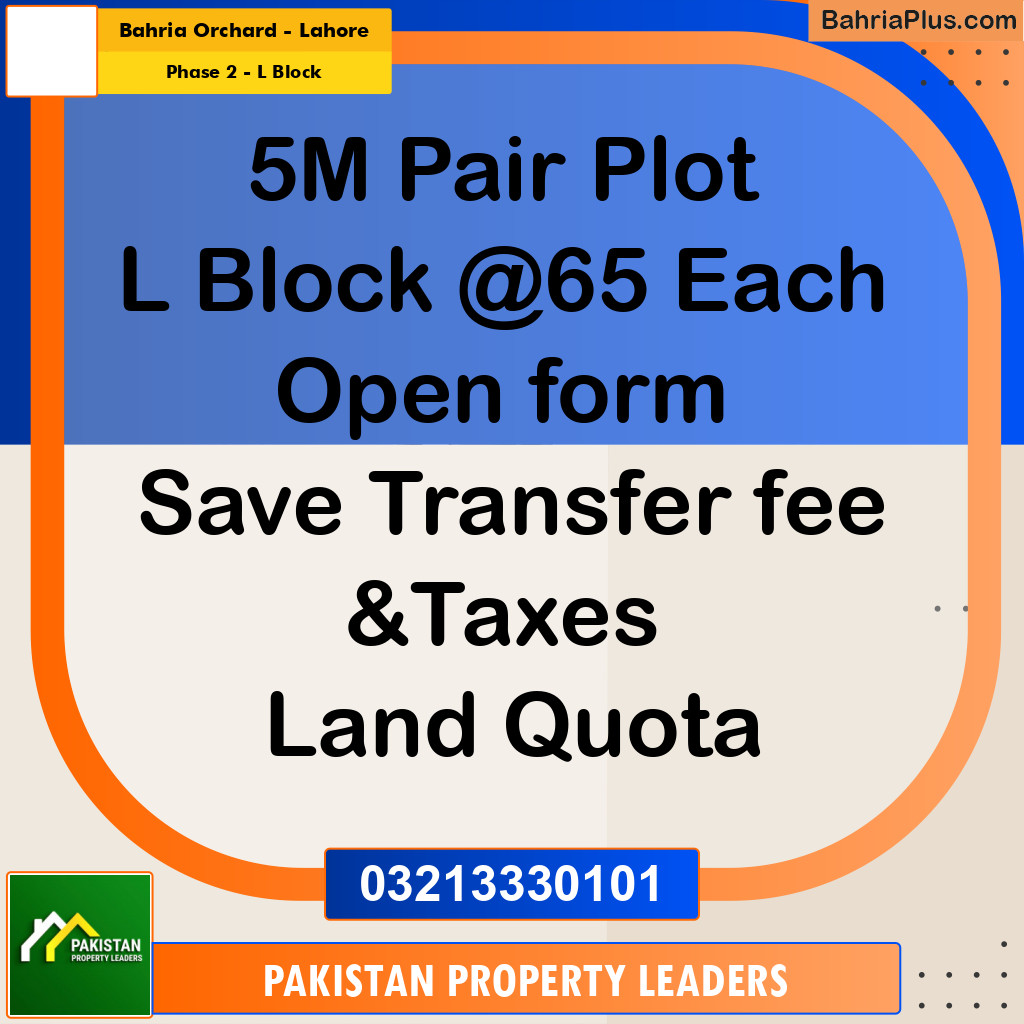 5 Marla Residential Plot for Sale in Phase 2 - L Block -  Bahria Orchard, Lahore - (BP-295674)