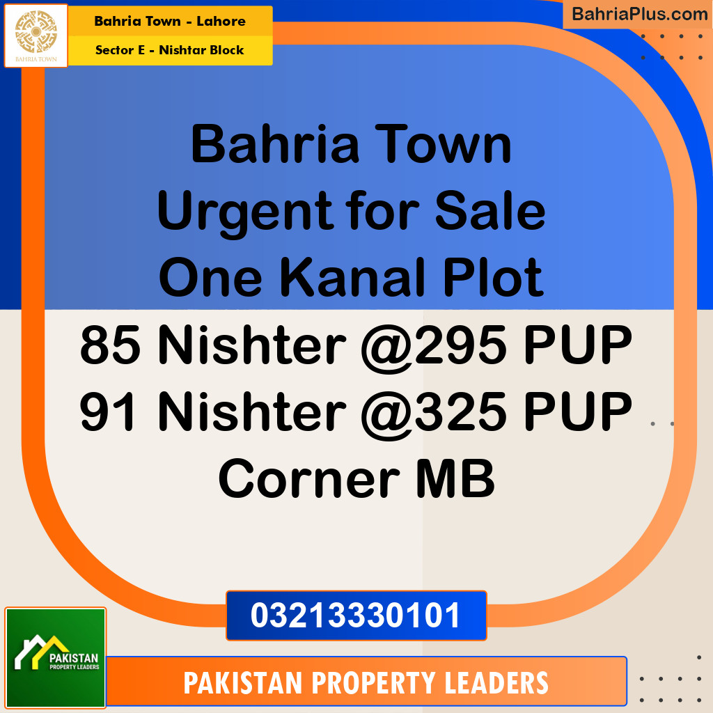 1 Kanal Residential Plot for Sale in Sector E - Nishtar Block -  Bahria Town, Lahore - (BP-295675)