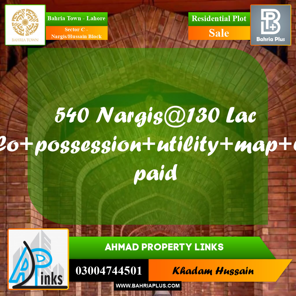 11 Marla Residential Plot for Sale in Sector C - Nargis/Hussain Block -  Bahria Town, Lahore - (BP-295727)