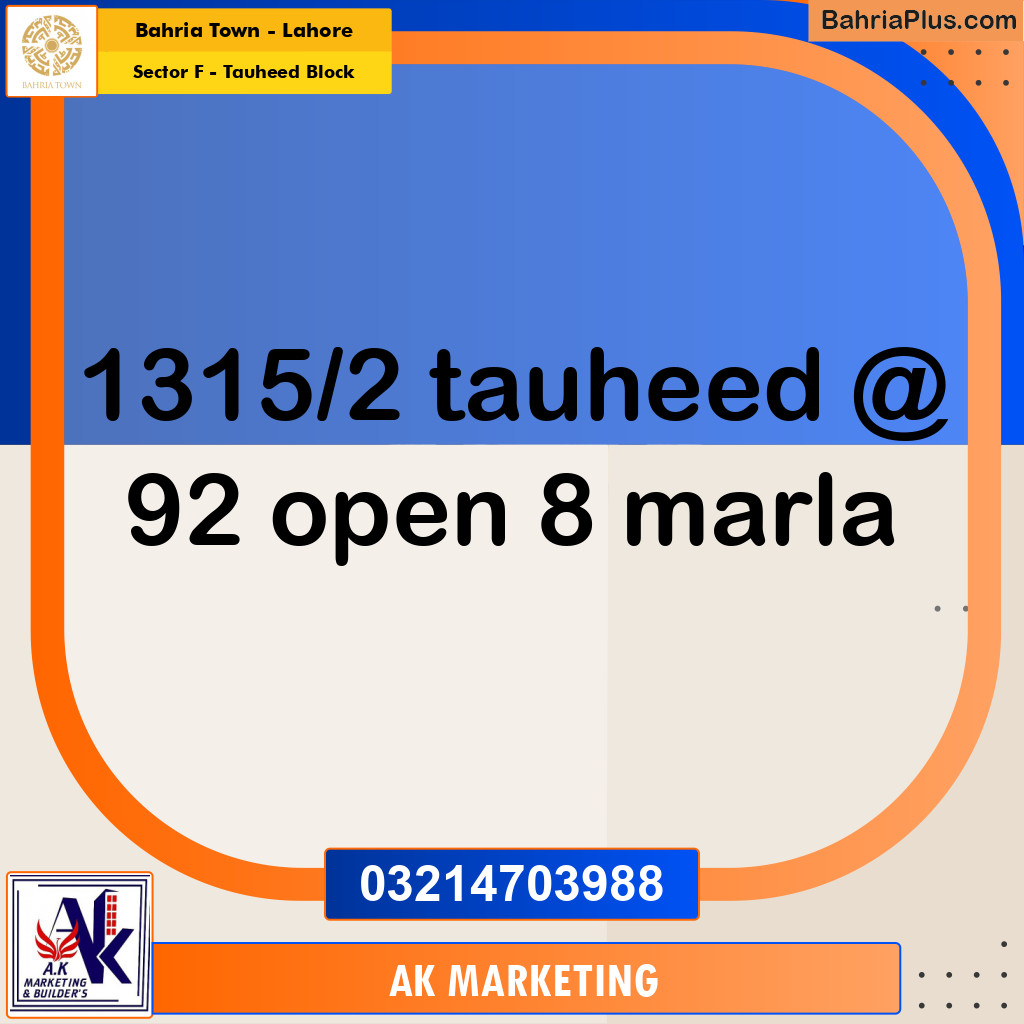 8 Marla Residential Plot for Sale in Sector F - Tauheed Block -  Bahria Town, Lahore - (BP-295845)