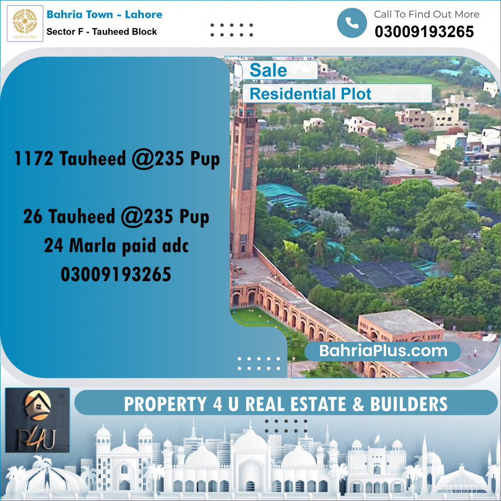 1 Kanal Residential Plot for Sale in Sector F - Tauheed Block -  Bahria Town, Lahore - (BP-295849)
